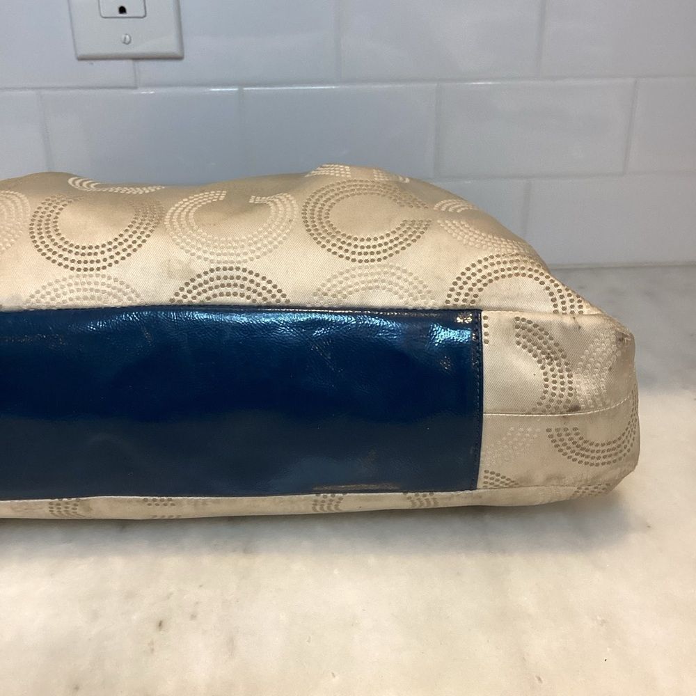 Coach Bag Purse Handbag Ashley Dotted OpArt Tan Blue Canvas Leather Carry All - Picture 7 of 14